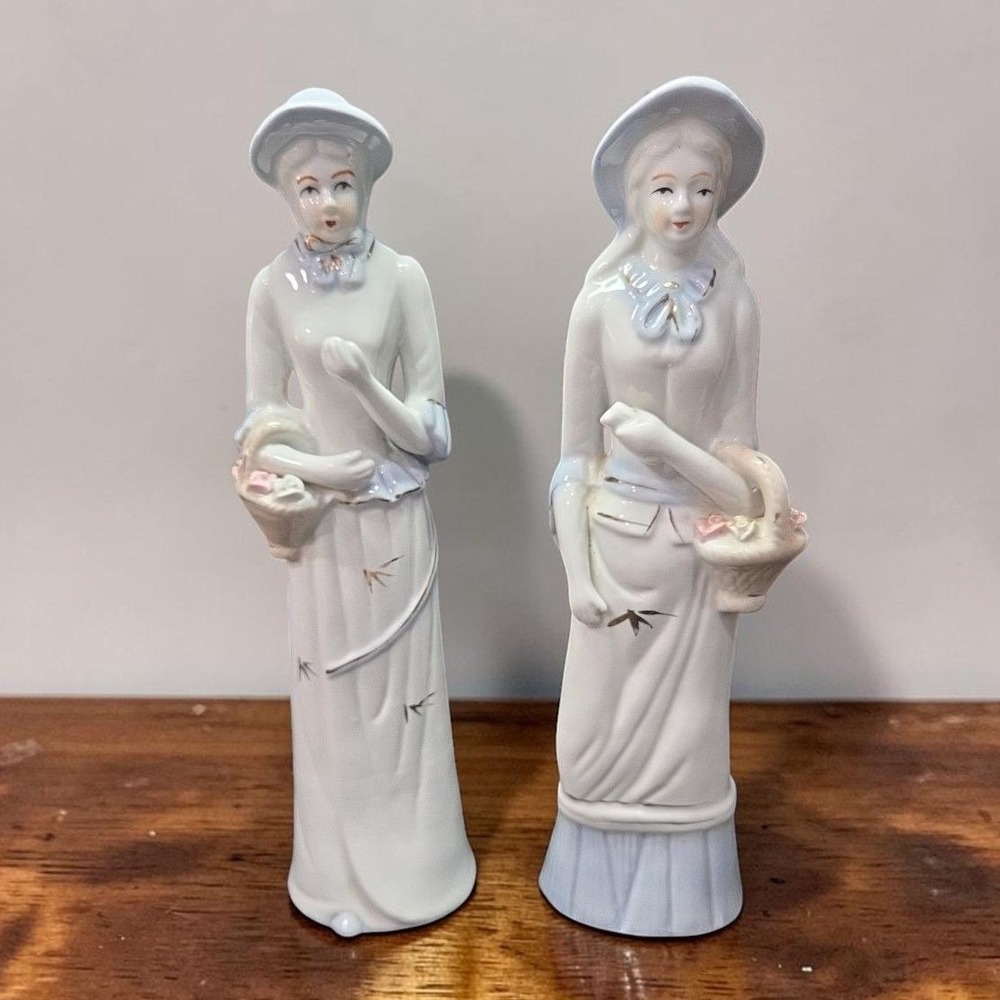 Porcelain Lady with Basket Figurines, Set of 2, Vintage Statues, Mantel Decor